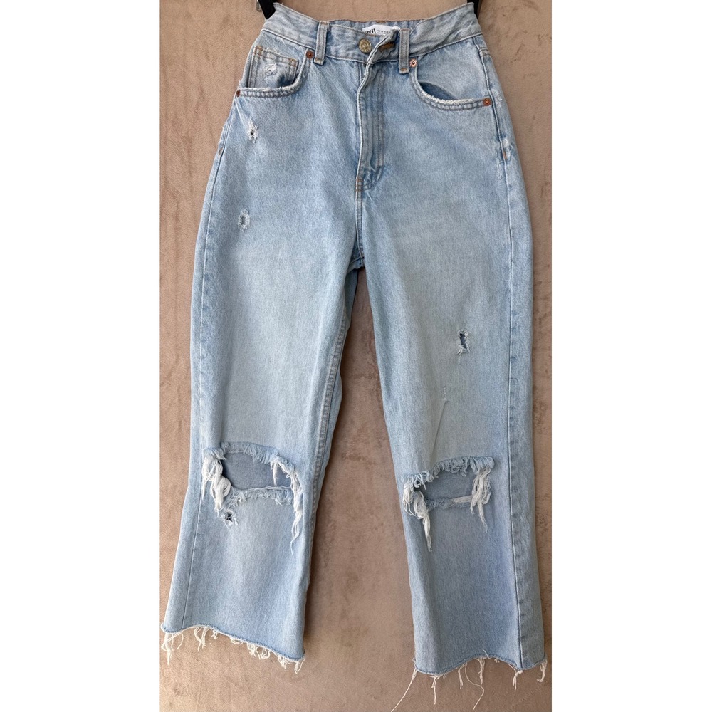 Zara Light Wash Distressed High Waisted Straight Leg Jeans Size 0 23 Waist